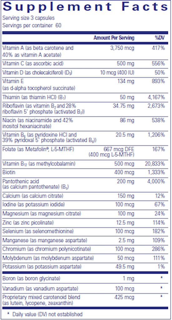 Nutrient 950 With A W/O Cu & Fe (Pure Encapsulations) supplement facts