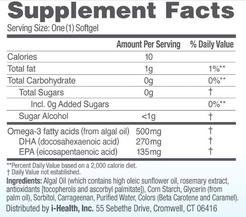 Ovega-3 500 mg (I-Health) Supplement Facts