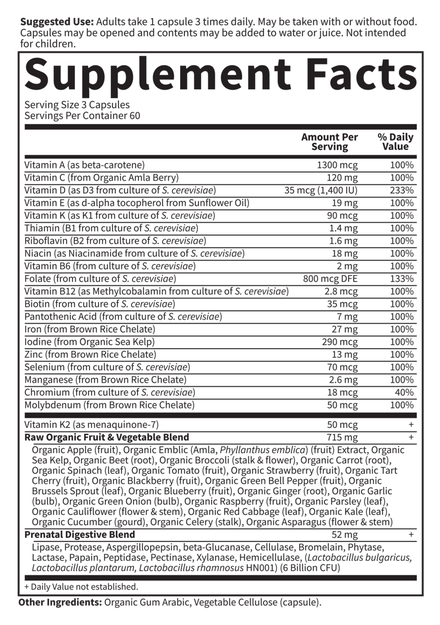Vitamin Code Raw Prenatal (Garden of Life) Supplement Facts