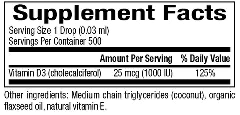 Vitamin D3 Drops 25 mcg 0.5 fl oz (Bioclinic Naturals) Supplement Facts