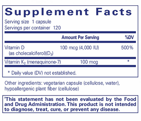 Vitamin D3 & K2 120's (Pure Encapsulations) supplement facts