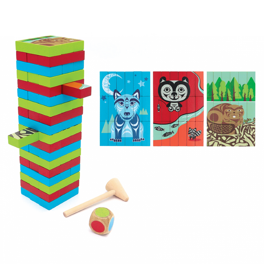 Wooden Mosaic Safari Animals Rocking Moon Balance Game w/ Bag- Wood Block  Stacking - Montessori Waldorf STEM Toy - Sensory Motor Toy