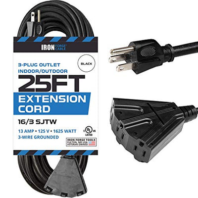 25 Ft Outdoor Extension Cord with 3 Electrical Power Outlets - 16/3 SJTW Durable Black Cable