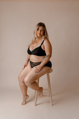 Mother of three wearing our Valeria nursing bra and panty set