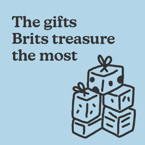 A square image with a blue background, an illustration of a stack of presents and text which reads "the gifts Brits treasure most" 