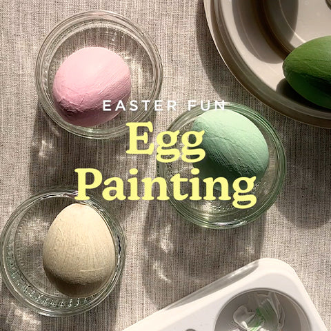 Square image with painted hardboiled eggs in the background, text that reads, "Easter Fun, Egg Painting".