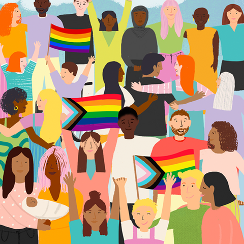 A crowd of people of all races and ethnicities are shown, some clearly in couples, of both mixed and same sex, some single figures, some in family groups, all are clearly happy and celebrating together as a community with their arms around each other. Three flags are also being waved in the image, one is the classic Pride Rainbow Flag, featuring horizontal stripes in red, orange, yellow, green, blue and purple from top to bottom, and the other two are the Progress Pride Flag, featuring the same 6 coloured horizontal stripes paired with an inset triangular design on the left-hand (pole) side of the flag featuring white, pink, turquoise, brown and black chevron stripes moving from left to right. The top (Rainbow) and bottom (Progress Pride) flags are animated to look as though they are fluttering in the breeze