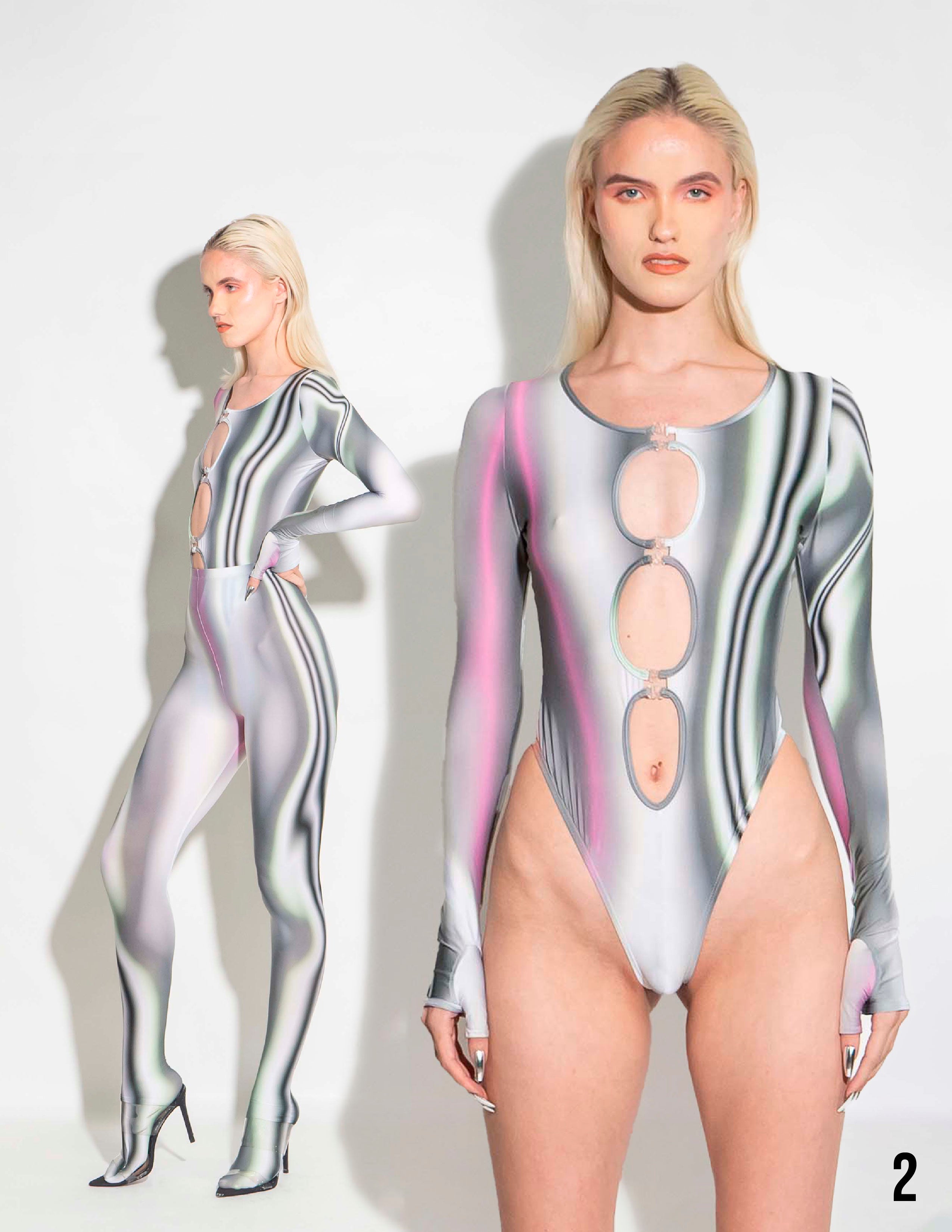 Second page of Andrew James new collection Transition 23 look book with rainbow chrome void bodysuit and matching stocking
