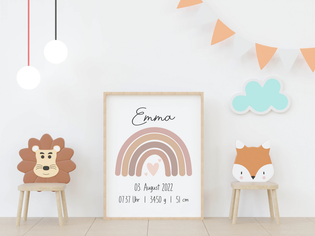 Rosa Regenbogen Geburtsposter Personalisiert Name Uhrzeit Größe Gewicht | Kinderzimmer Babygeschenk  | Geburt Baby Poster