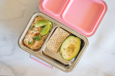 tuna dip and crispbreads in a stainless steel lunch box - nudie rudie lunchbox