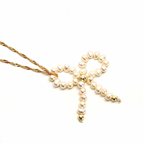 Coquette fresh water pearl bow with 18k gold plated chain non tarnish