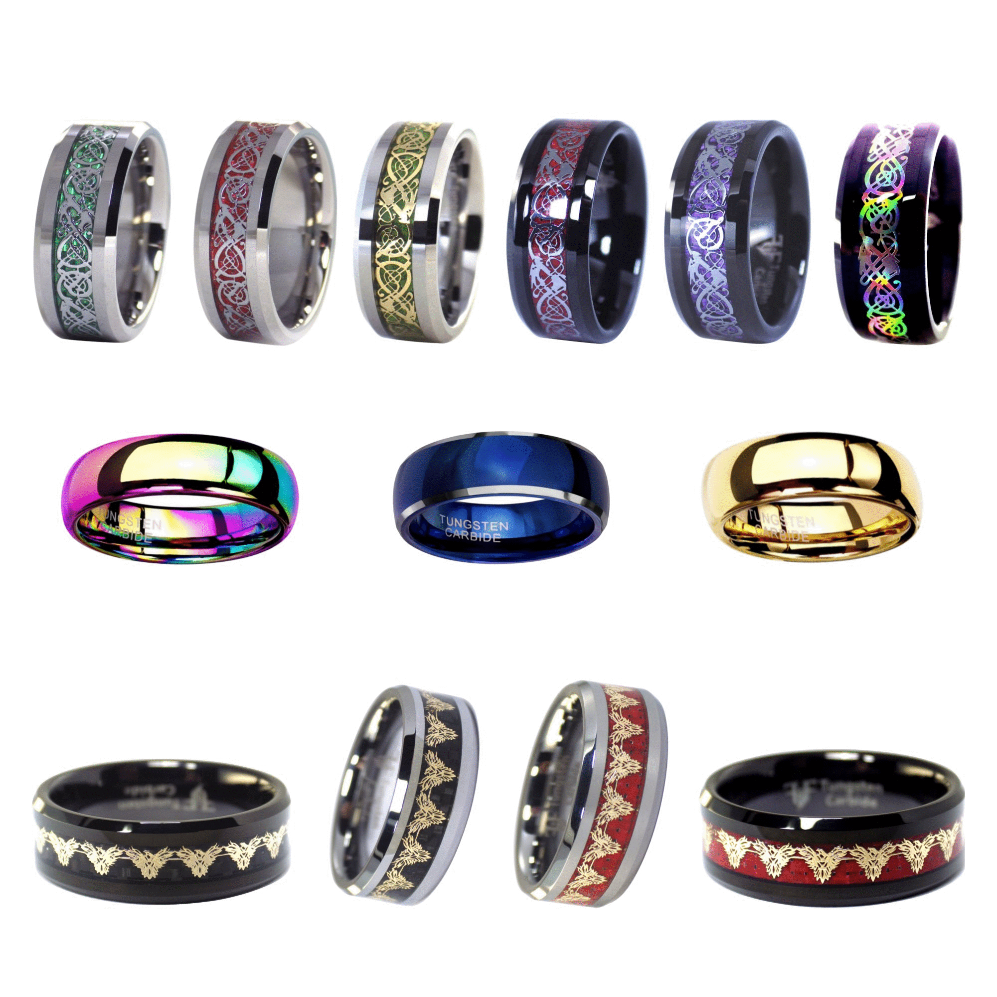 Rainbow Hologram Celtic Dragon Ring - Black Tungsten Wedding Band