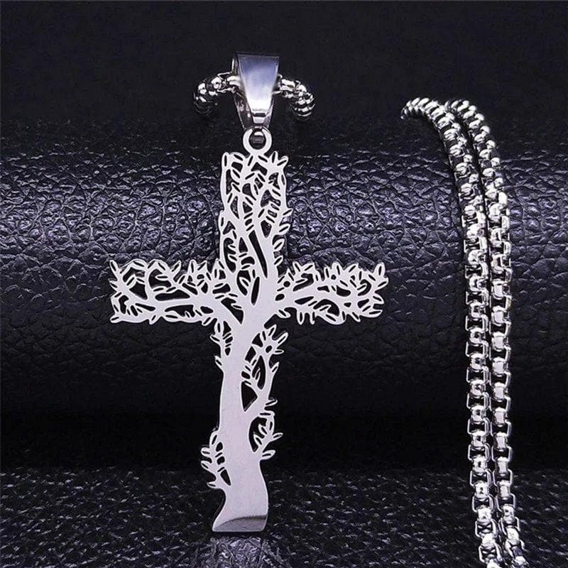 Silver Wood Crucifix Cross Pendant Necklace for Men