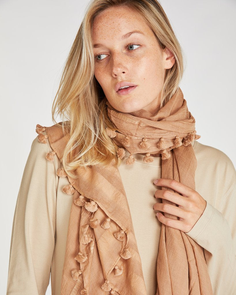 Silk & Cotton Pom Pom Scarf - Clay – Central Stores