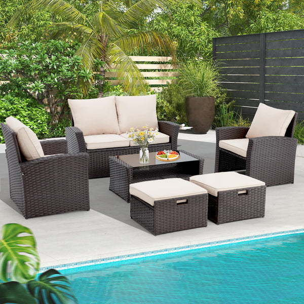 6 Pcs Wicker Sofa Chair Set Patio Furniture w/ Tempered Glass Tabletop & Ottomans