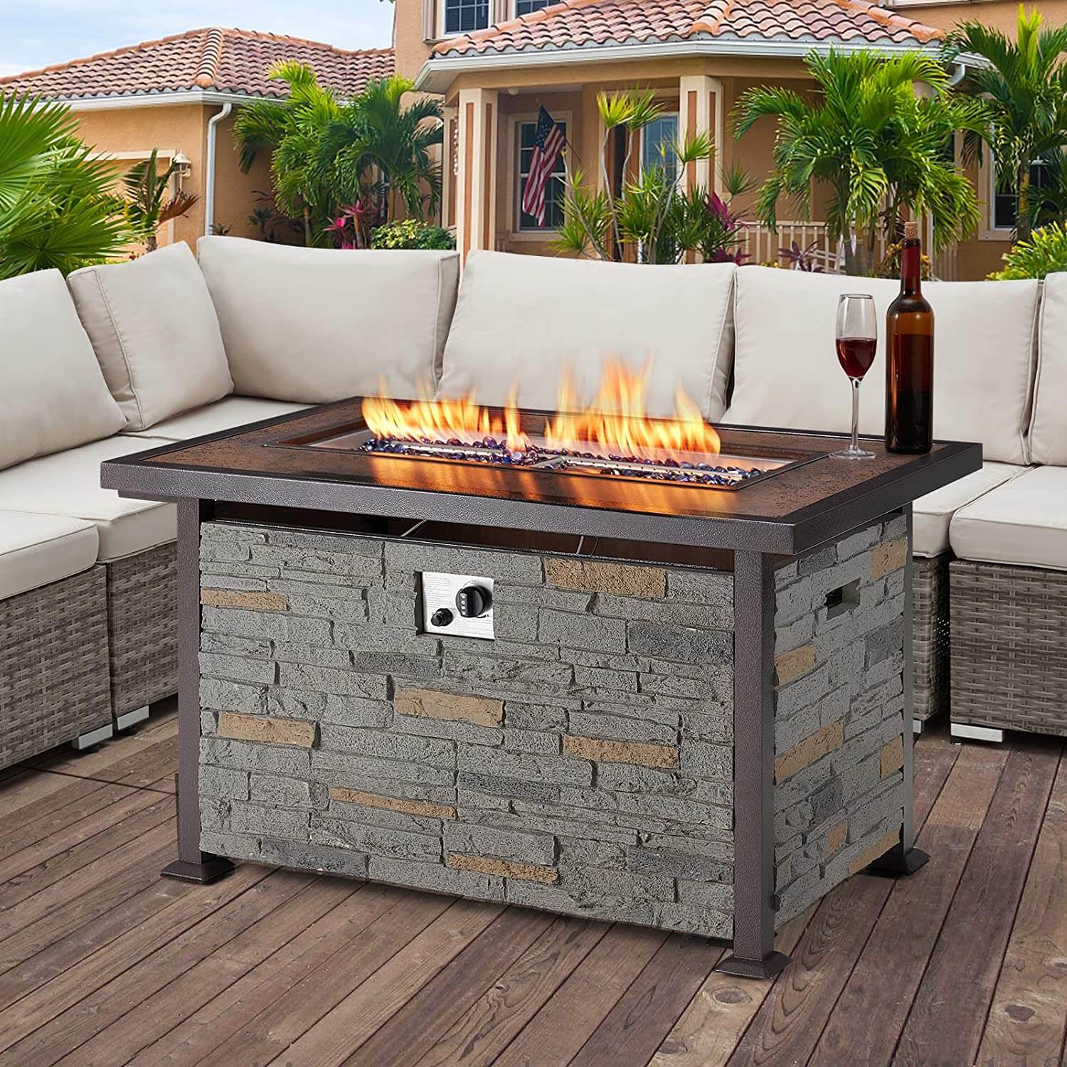 grey rectangle fire pit table