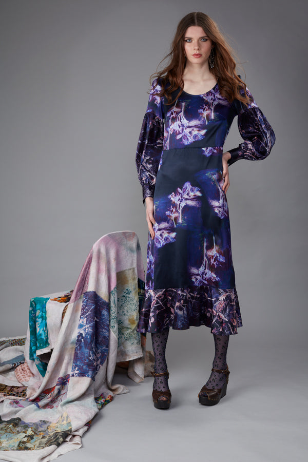 Circe Hellebore Twigs Violet Satin Maxi Dress