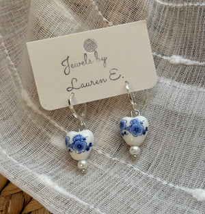 Vintage Feel Ceramic Floral Heart Huggies (Silver Edition) - Jewels by Lauren E.