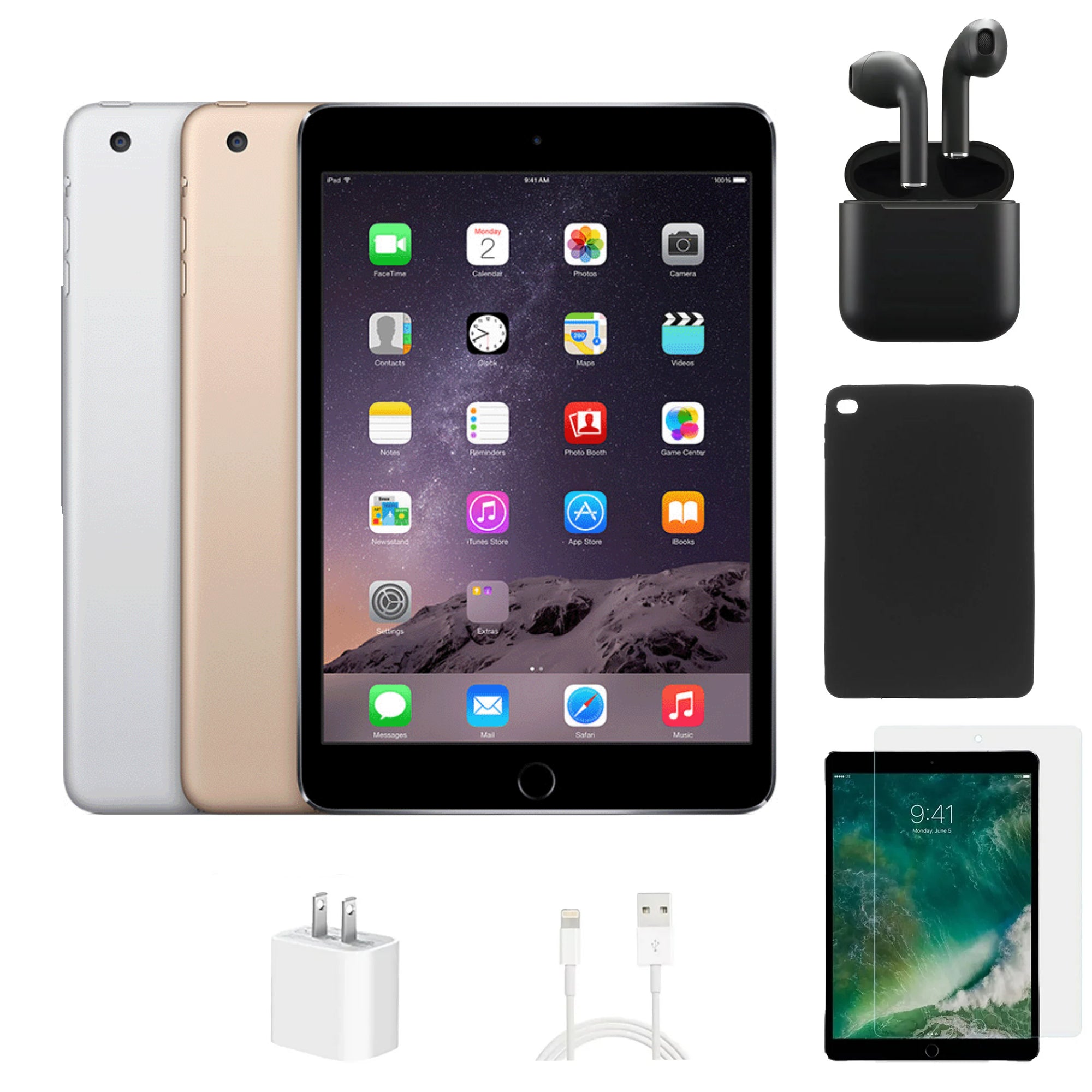Refurbished iPad Mini 3 | WiFi + Cellular Unlocked | Bundle Case, Wireless Earbuds,Tempered Glass Screen Protector