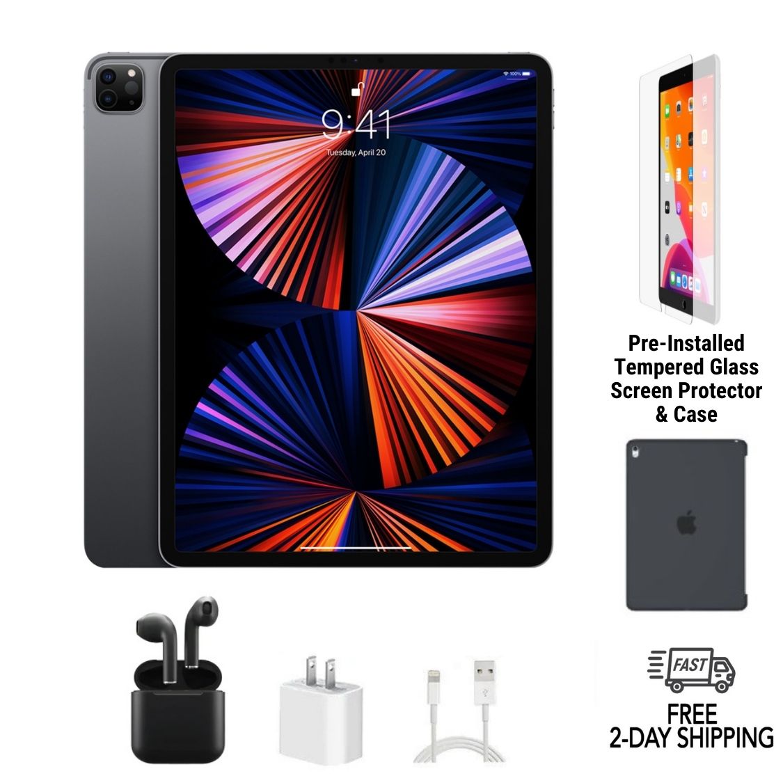 Refurbished iPad Pro 12.9" 5th Gen | WiFi | Bundle Case, Wireless Earbuds,Tempered Glass Screen Protector