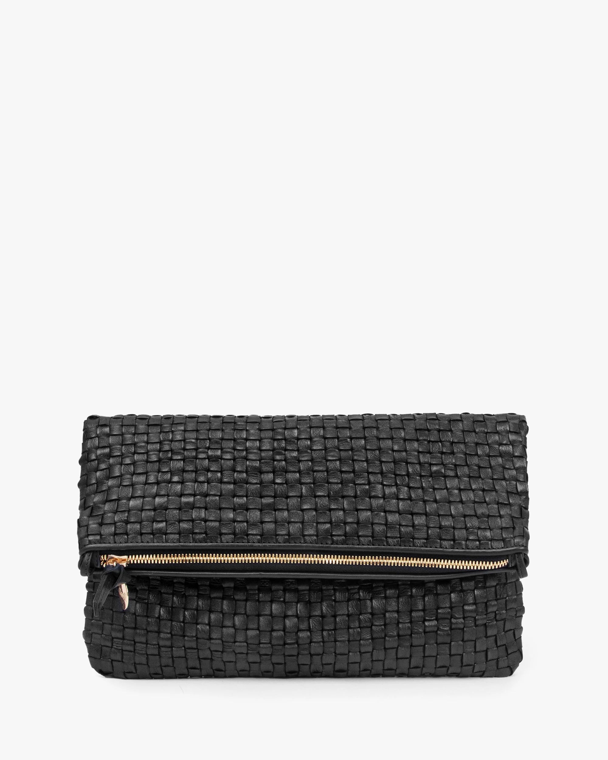 Foldover Clutch with Tabs in Black Woven Checker