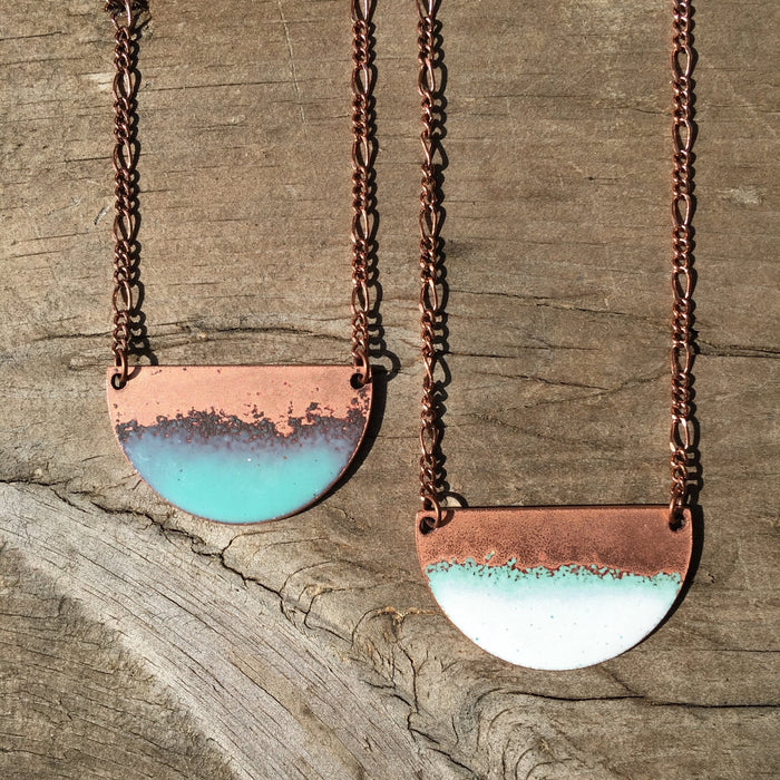 Seafoam Half-moon Necklace in Aqua & Polished Copper - Artfest Ontario - Aflame Creations Jewelry - Jewellery
