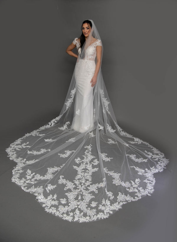 One Blushing Bride Cathedral Veil with Floral French Lace Trim, White/ Ivory White / Cathedral 108 Inches / Lace All The Way Up