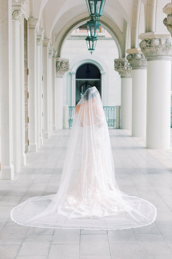 VALENTINA Chantilly Lace Edged Drop Cathedral Bridal Veil