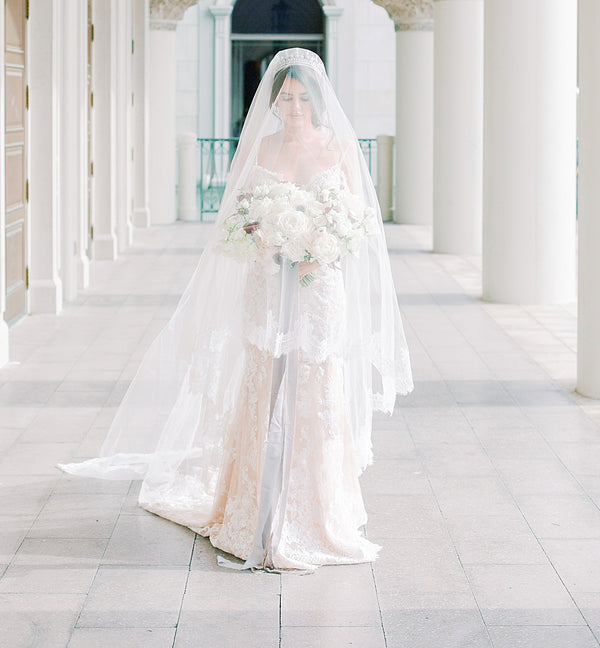 DUCHESSE SILK CHANTILLY LACE VEIL NO. 1990 silk tulle blusher veil.