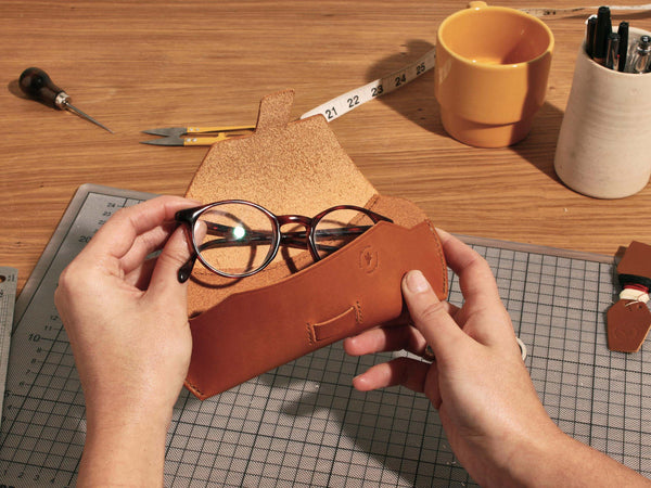 Handcrafted Leather Glasses Case with Decorative Stiching