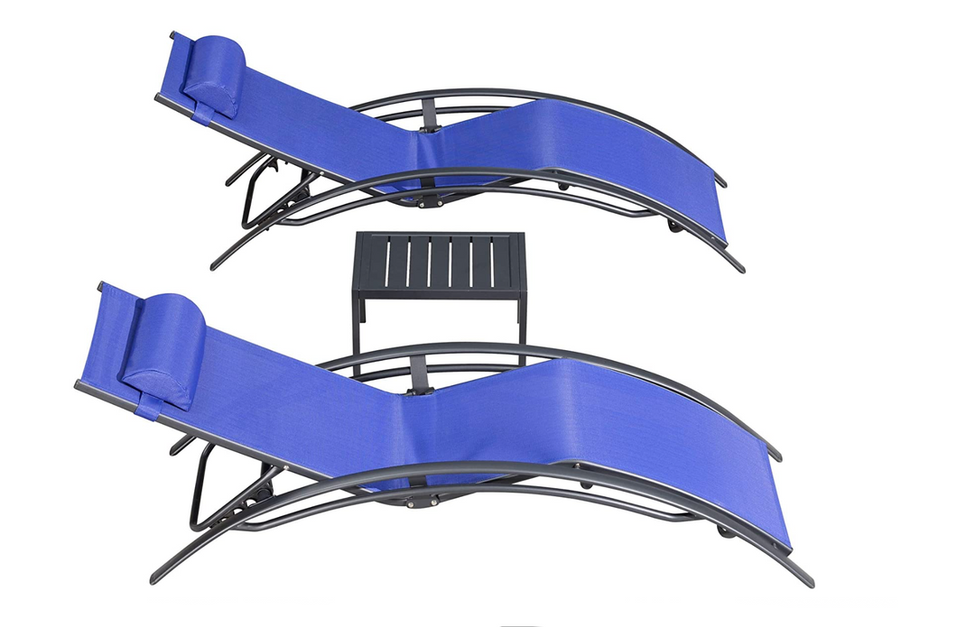 Aluminum Blue Sunbed Pair Set, with Table