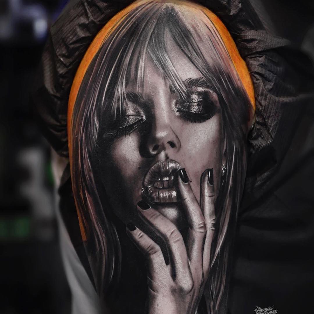 Black & Grey Realism Arm Tattoo of a Woman by Silvano Fiato
