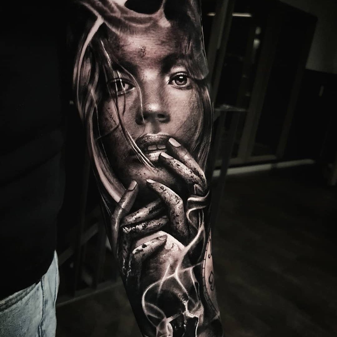 Black & Grey Realism Tattoo of a Woman & Hands by Ado Adoniss