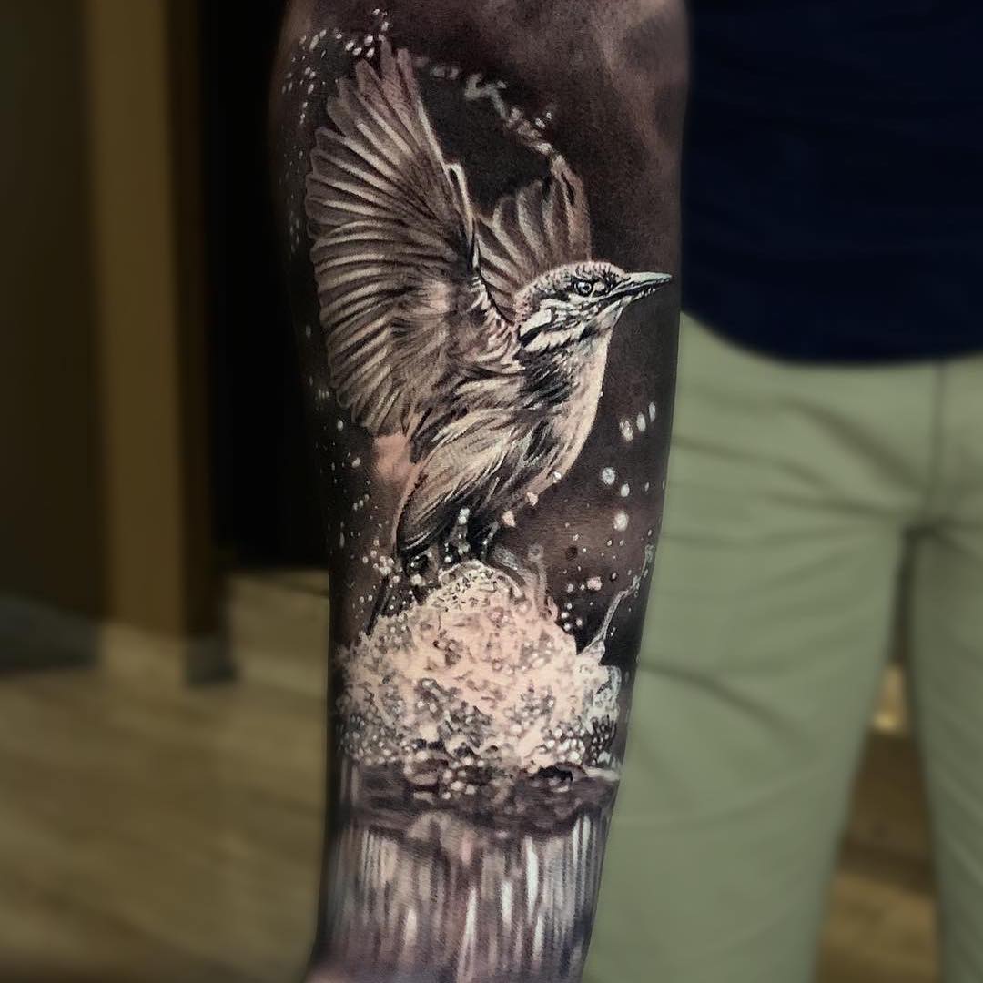 Black & Grey Tattoo of a Bird & Water by Egon Weiss