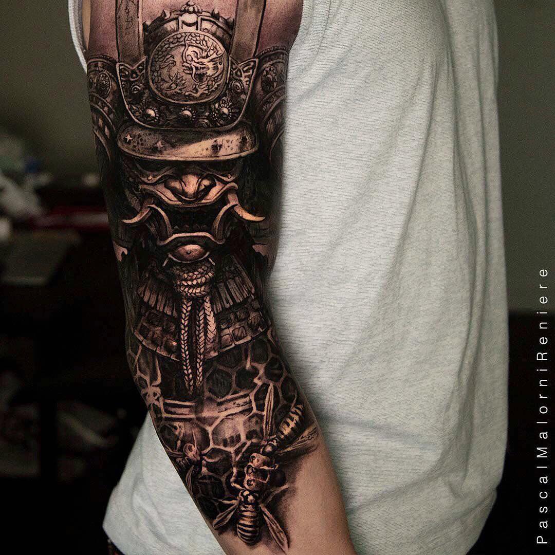 Black & Grey Realism Tattoo of a Samurai Mask by Pascal Malorni Reniere