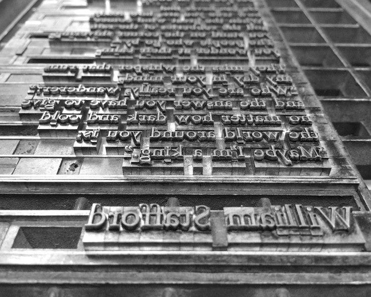 metal type form of William Stafford's name and a poem