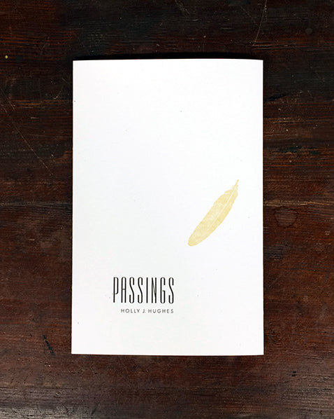 white book cover with feather, title "Passings"