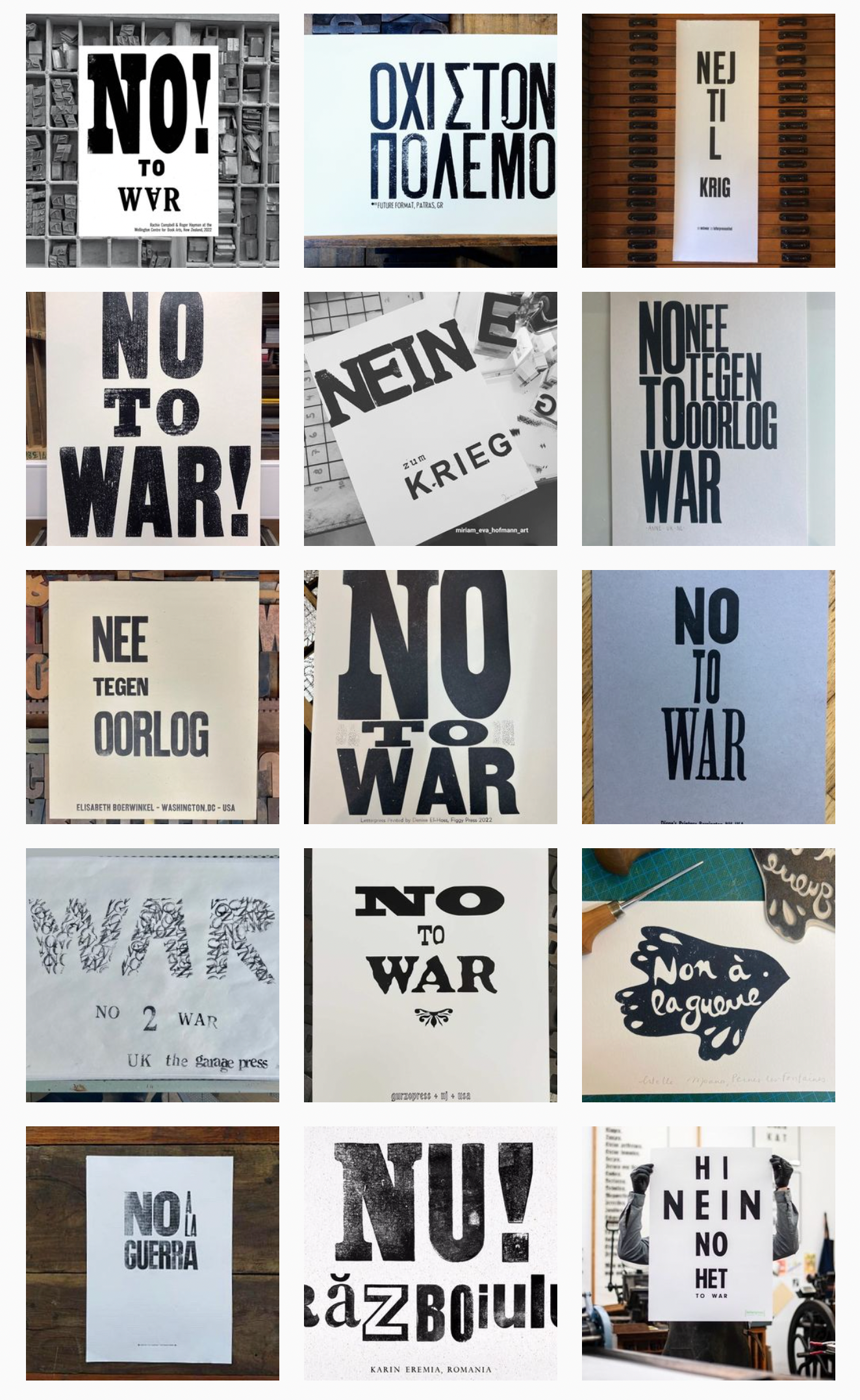 screenshot of Letterpress United instagram, black and white No to War posters in multiple languages