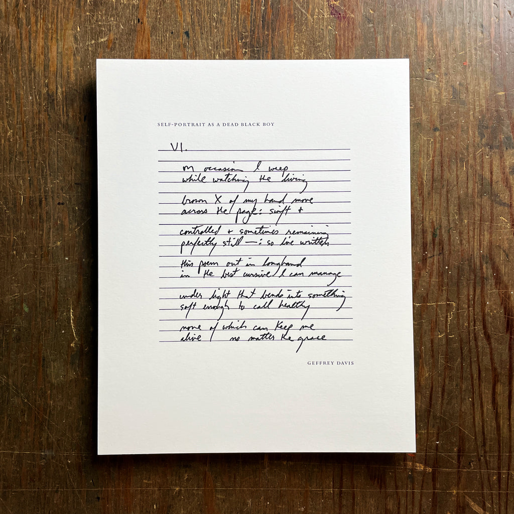 black and white letterpress print in author's handwriting