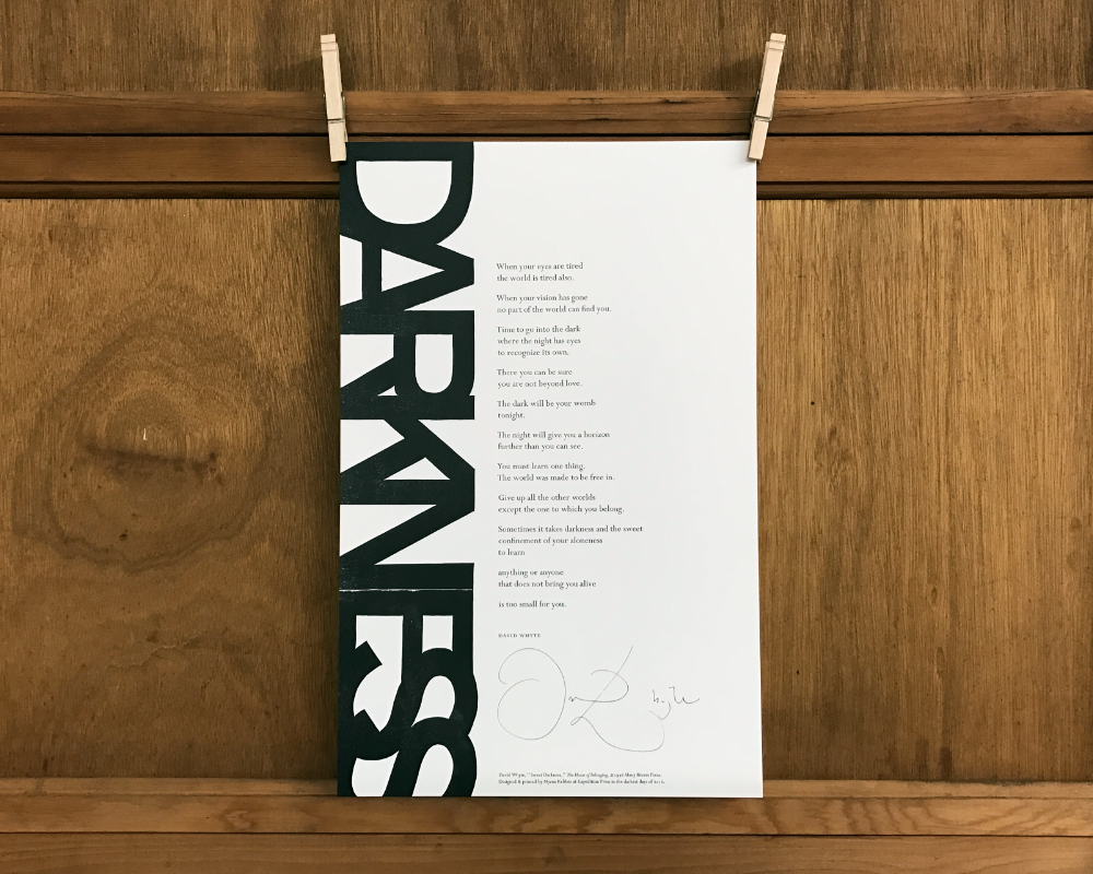 finished letterpress broadside of "Sweet Darkness" by David Whyte