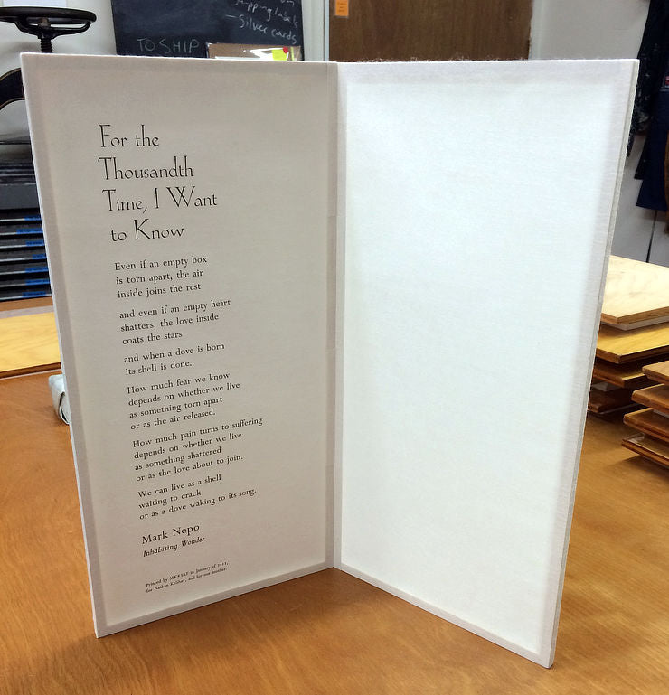 Mark Nepo poem letterpress on japanese paper screen