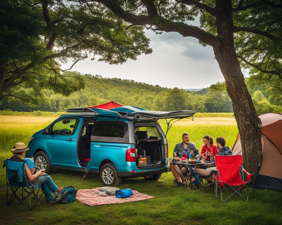 Des vacanciers en camping avec leur tente sur la voiture