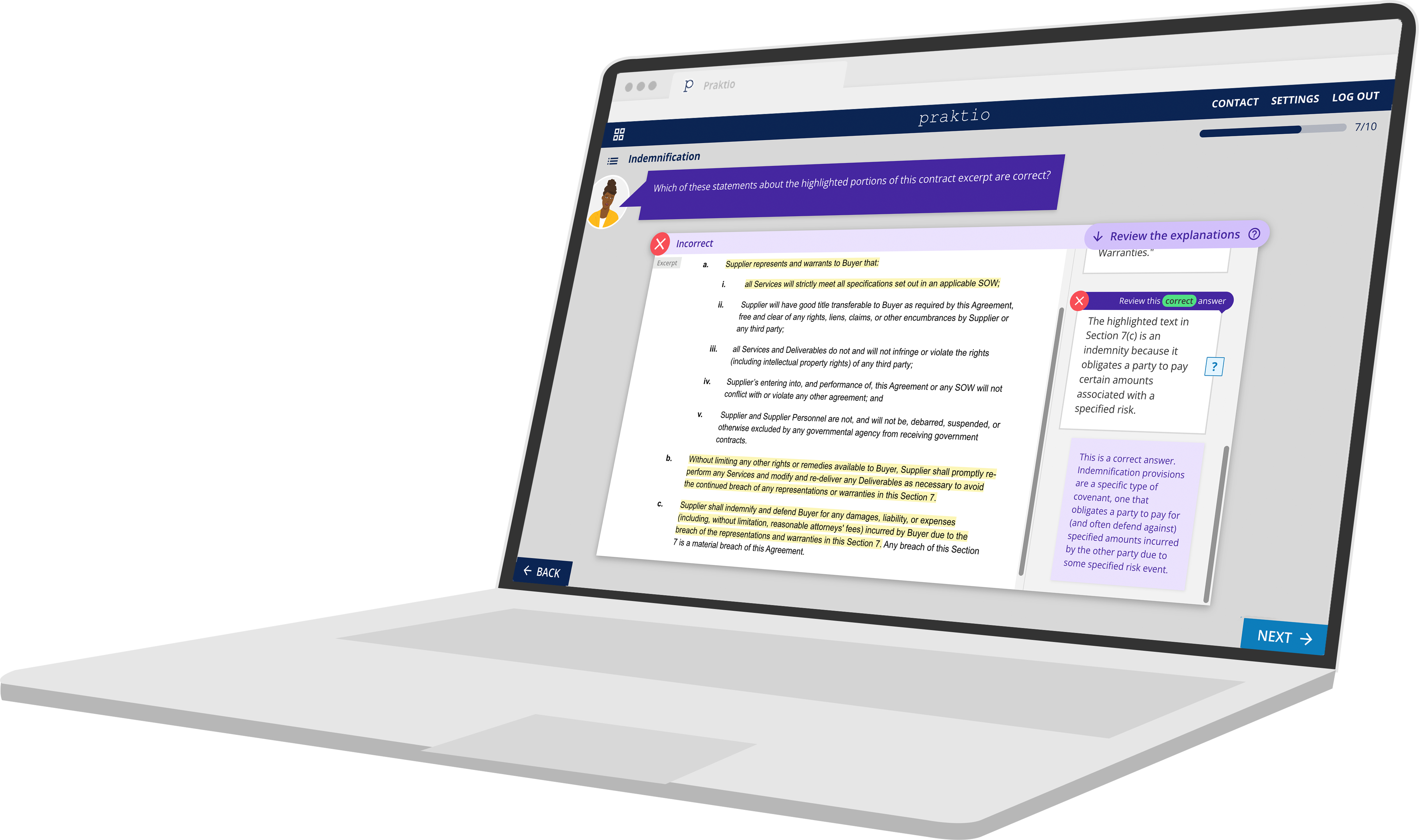 Laptop showing a screenshot of an exercise from the Indemnification module of Praktio's Commercial Contracts Essentials course