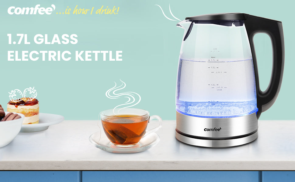 Comfee' Glass Electric Tea Kettle & Hot Water BoilerBPA-Free, 1.7L, Cordless LED