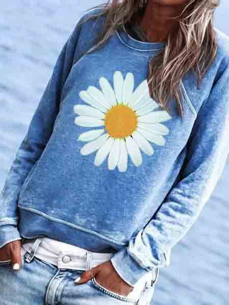 Blue Cotton-Blend Crew Neck Floral Casual Shirts & Tops Blue