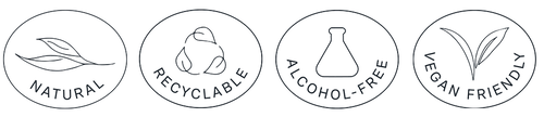 Four circles with an icon and text in each. The first has a leaf with the text natural, the second with three leaves and the text recyclable, the third with a bottle and the text alcohol-free and the fourth with a plant with two leaves and the text vegan friendly