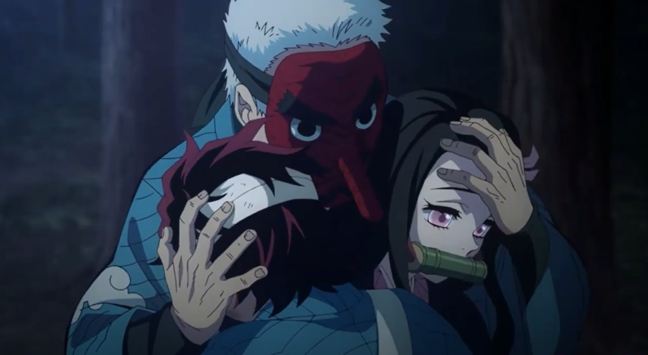 Demon-Slayer-Sakonji-Urokodaki-embracing-Tanjiro-and-Nezuko