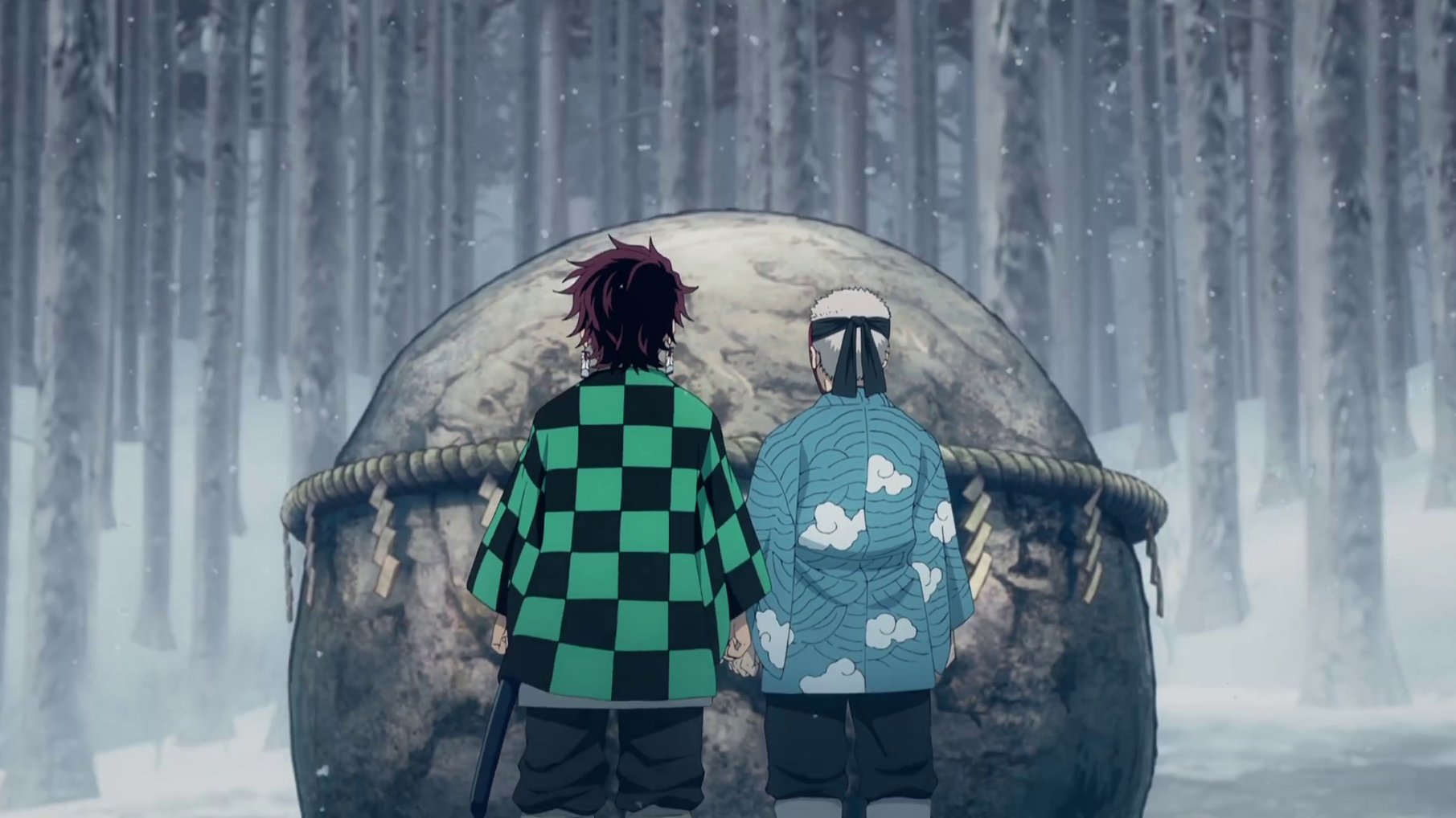 Demon Slayer Final Selection Arc Tanjiro And Urokodaki In Front Of The Boulder