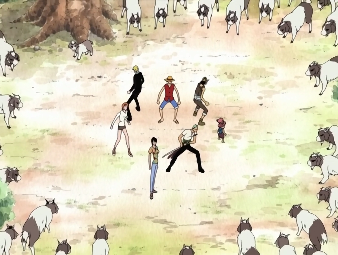 One Piece The Straw Hats surrounded by goats