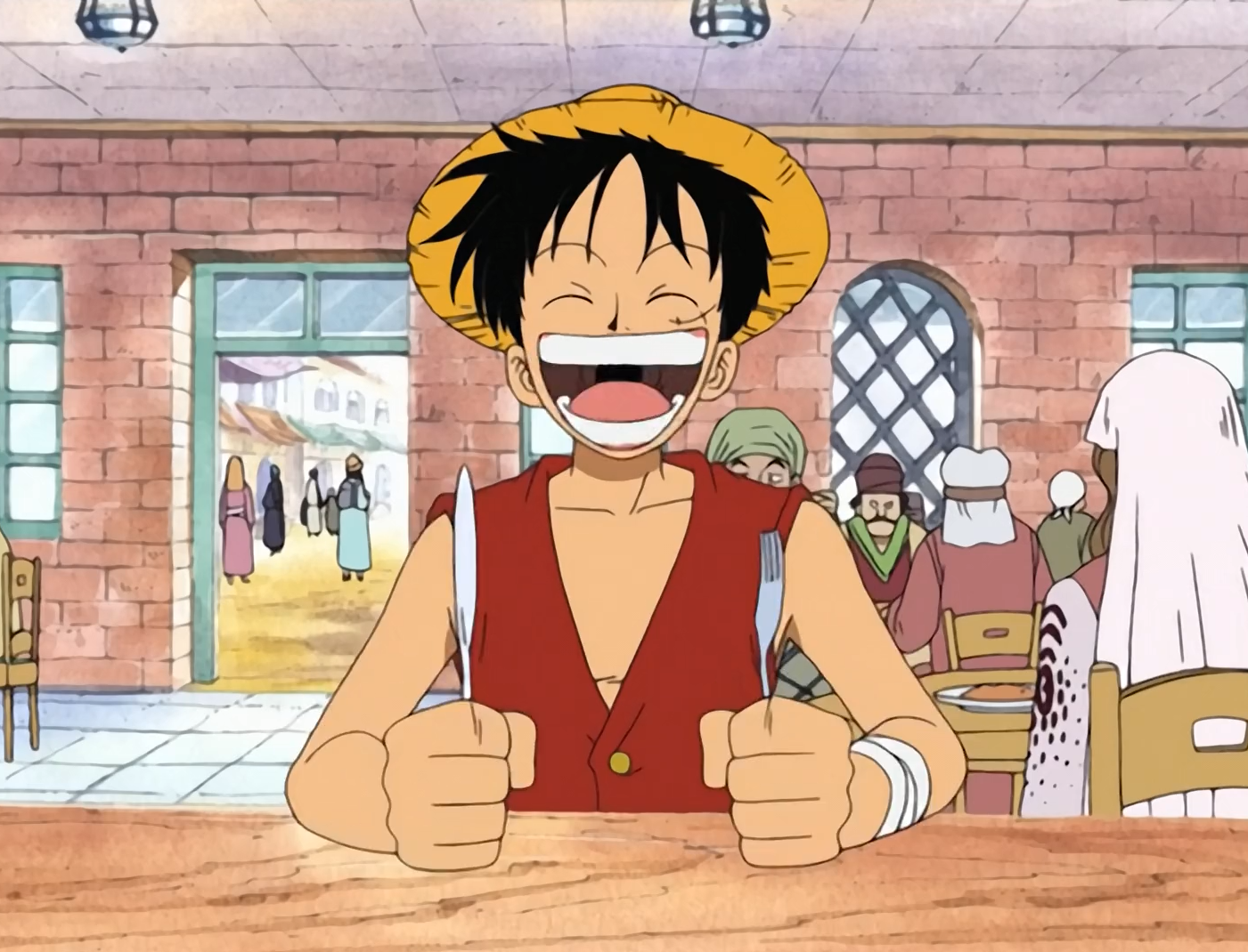 One Piece a hungry Luffy asks for food at a restaurant